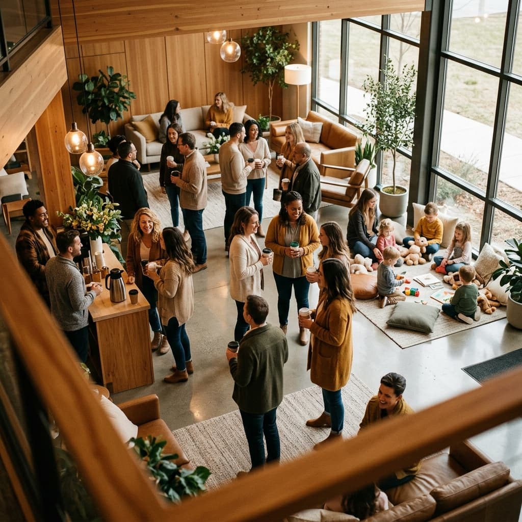Comunidade de igreja reunida em um espaço acolhedor, pessoas conversando e tomando café